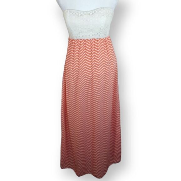 STRAPLESS MAXI DRESS CORAL & CREAM SZ. S/M EUC - Picture 3 of 6